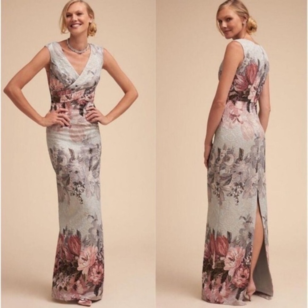 BHLDN Adrianna Papell Lilliana Blue Floral Metallic Jacquard Maxi Gown 4